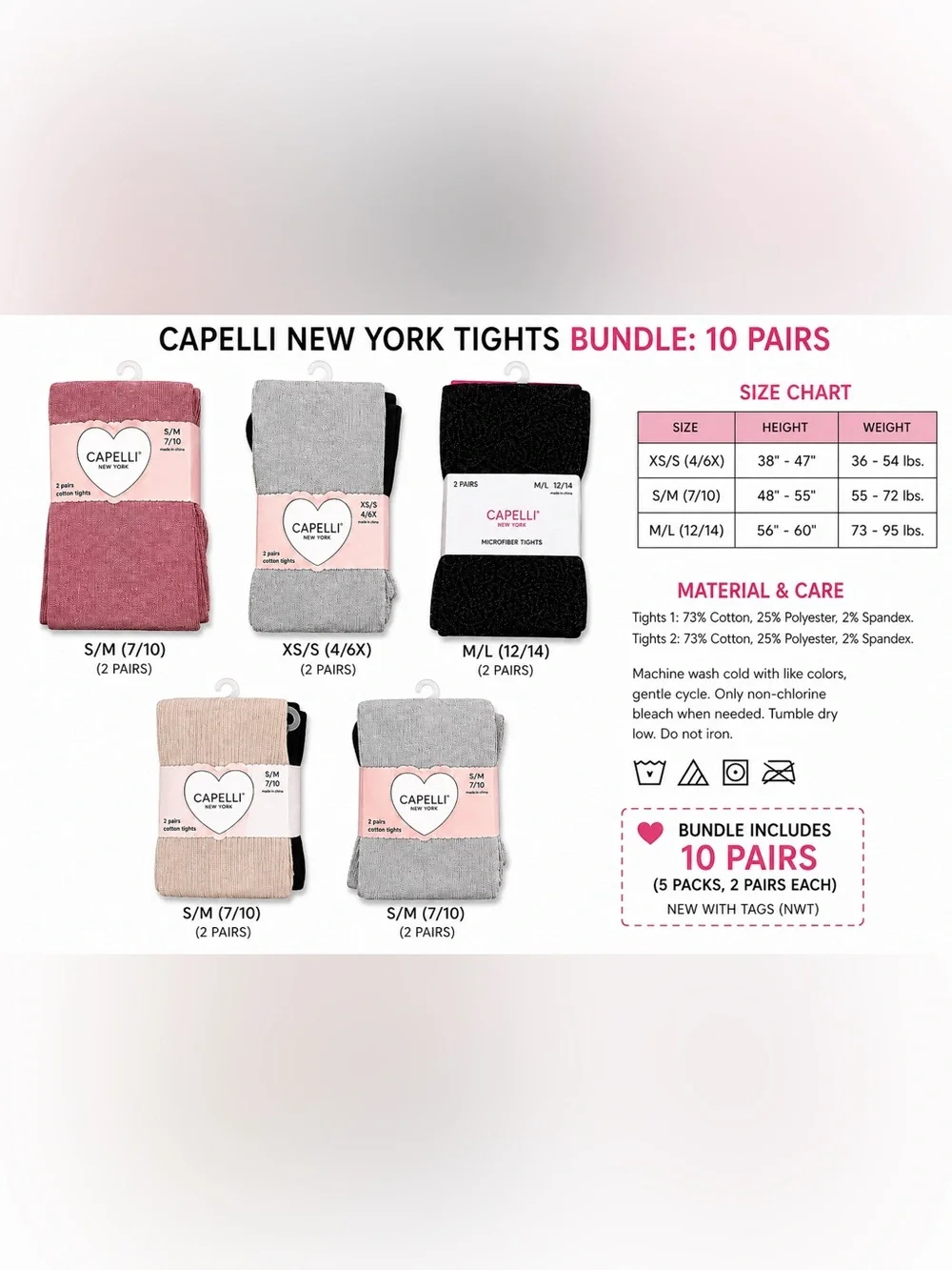 Bundle 10 Pairs Capelli New York Girls Tights Assorted Sizes NWT